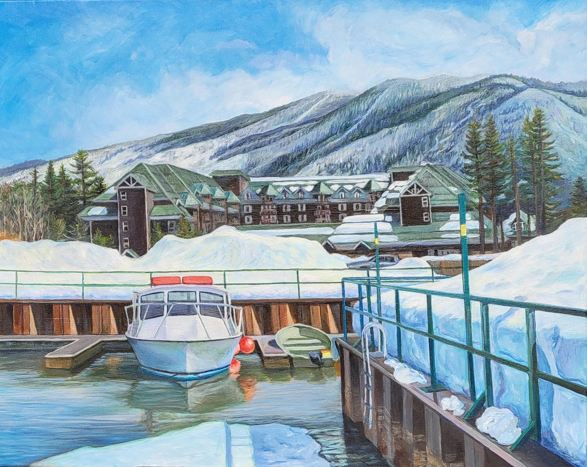 Spring Break Mountain Boat Dock painting by Margaret Edmondson